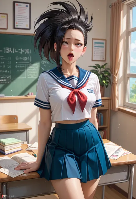 　 Anime My Hero Academia Touch　Eight million　 sailor suit 　Momo Girl , ahegao, {{orgasm}}, school uniform, standing, {corner of the desk hits crotch}, best quality, very aesthetic, class room, girl behind desk, from face