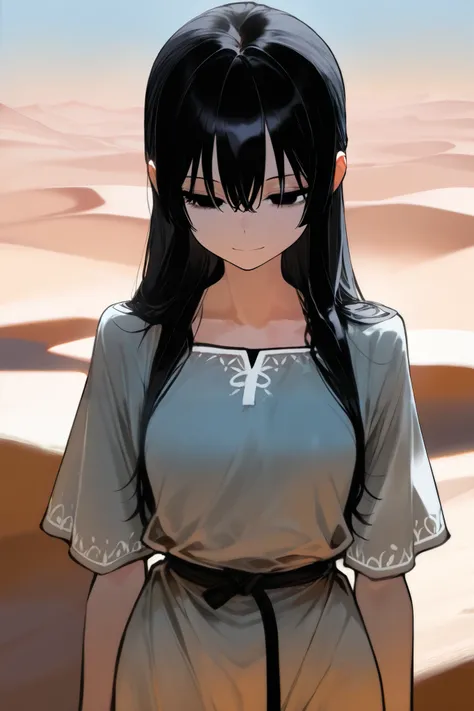 best quality, masterpiece,highest resolution,desert background, 1girl, black hair, long hair, black eyes, small smile,Linen tunic,expressionless