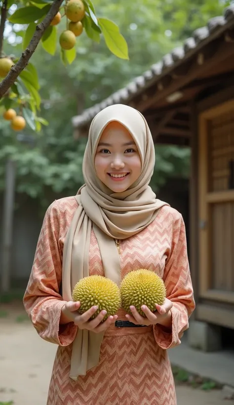  A beautiful Korean woman wearing a hijab wearing a zigzak patterned outfit set style , is in a courtyard of a simple wooden house , cheerful smile with cute pose ,Each of his hands holds a bunch of giant durian berries,  next to her there are several tree...