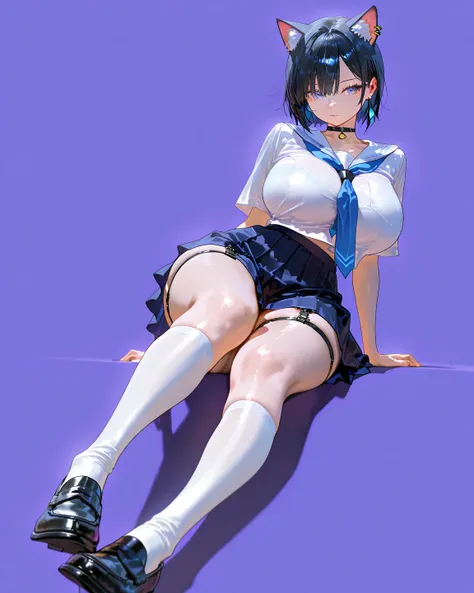 masterpiece、最    High Quality    、    High Quality    、  Very Aesthetic、    absurd、Latest、    1 girl、Photorealistic、 beautiful skin、Cat ears、 school uniform、Earrings、 choker、 white socks、  loafers  、  Garter Belt、 black hair、   short hair while on a busine...