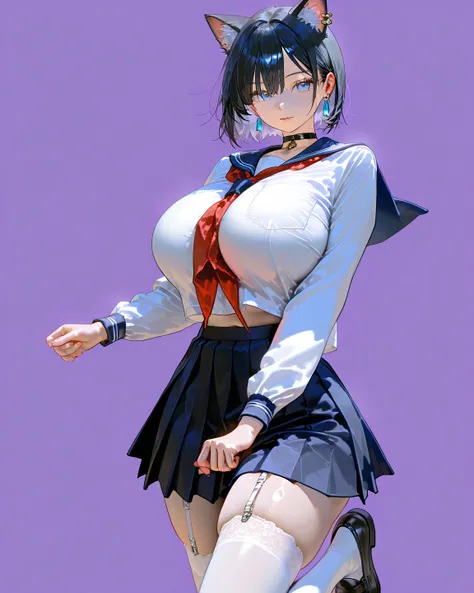 masterpiece、最    High Quality    、    High Quality    、  Very Aesthetic、    absurd、Latest、    1 girl、Photorealistic、 beautiful skin、Cat ears、 school uniform、Earrings、 choker、 white socks、  loafers  、  Garter Belt、 black hair、   short hair while on a busine...