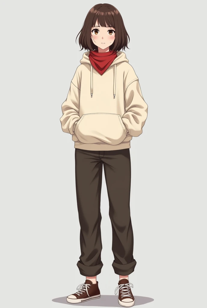 A tall beautiful young woman with medium hair length wearing a plain red bandana around her neck over her cream hoodie, dark brown trousers and brown canvas, stands up straight with no tilted and with her hands in his pockets and looks at the camera with a...