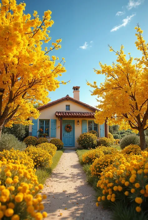 Photo d'une magnifique forêt de Mimosas en fleurs jaunes, avec au milieu une petite maison provençale colorée, avec des magnifiques fleurs de toute les couleurs sur les fenêtres, et un ciel bleu sans nuages avec des mouettes dans le ciel. Vision hyper réal...