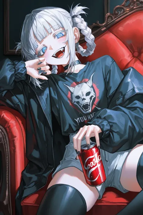 masterpiece,best quality,extreme aesthetic.(quasarcake:0.7),masterpiece,best quality,good quality,quality,very awa,masterpiece,best quality,year 2024,newest,highres,
petite,short height,blush,soda,drink can,closed black jacket,open mouth,relaxing,laughing,...