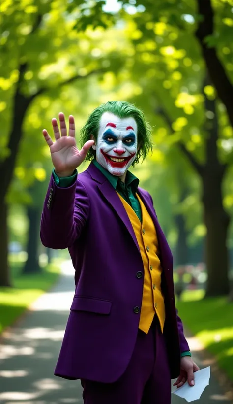 "A vibrant and cheerful image of the Joker standing in a sunny park. The Joker has his signature green hair, white face paint with a red smile, and is dressed in his classic purple suit with a bright green shirt and yellow vest. He is holding a piece of pa...