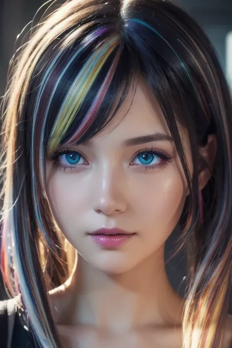 {{Masterpiece}},  best quality ,  Highly Detailed CG Unity 8K Wallpaper,  Cinematic Lights,  lens flare ,  beautiful detail eyes , black,  Sideways glance,   multi colored hair,  colorful  light, particle, Heterochromia, ( colorful :1.5), ( colorful  hair:...