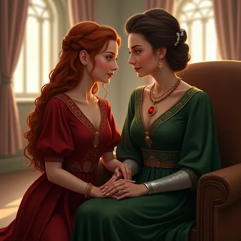 [In semi-realistic digital painting, 2D]
### **Portrait Description of Aurelian and Her Middle-Aged Mother (Closer, Seated Mother)**  

**1. Setting and Background:**  
- Set in an elegant lounge room within Esméa Citadel, with plush furnishings and warm l...