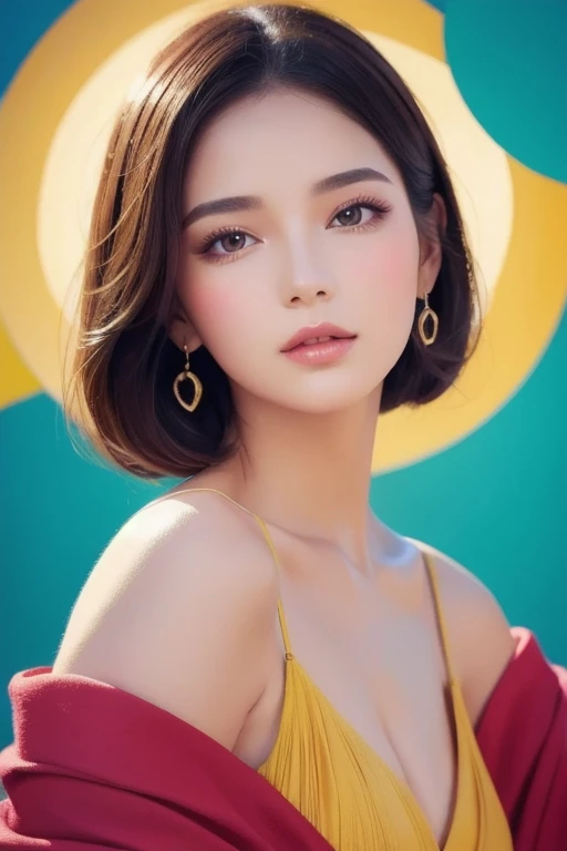  bright color,  Beautiful style ,  high quality illustration,  Poses where a woman supports her chin with her hands, Elegant painting,  detailed illustration of clothing and facial features.