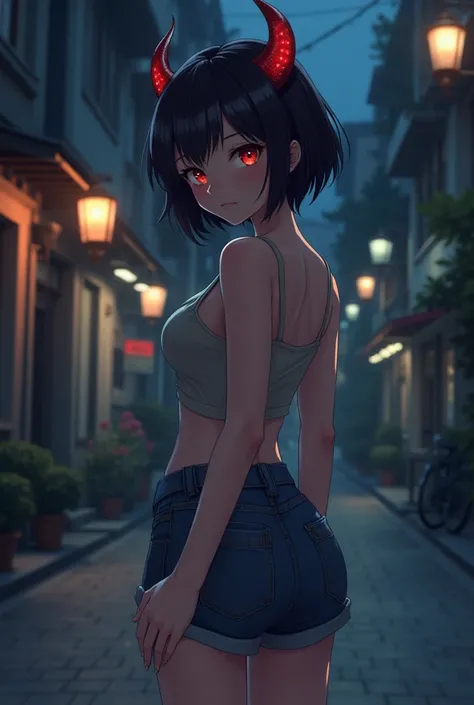 An anime-style adult girl ,  slightly shorter than average , with short dark hair, *demon horns on head*,shorts jeans.  She is on an urban street at night with soft lights in the background,  With a Souzada and wicked pose 