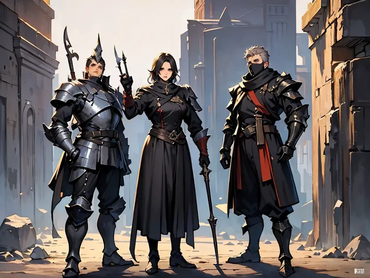 three unique protagonists in an outside rocks environment different calm poses, fantasy themed art and background, gang like pose, character selection like, elegant and intimidating, detailed full metal heavy dearmor uncommon outfits, all full-body