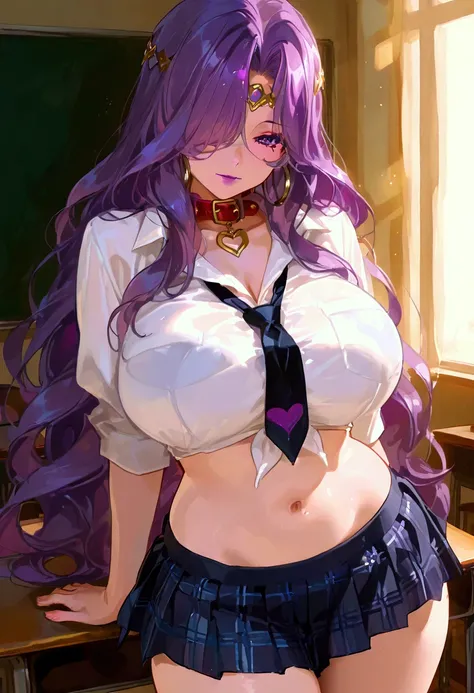 748cmstyle, 1 girl, Heart face mark, Yubelluna, 1girl, solo, very long hair, purple eyes, purple hair, hair over one eye, circlet, purple lips, jewelry, big breast, curvy, wide hips,  oversized hoop earrings, white shirt tie crop top, pleated black plaid s...