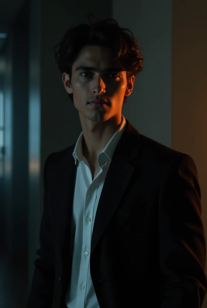 A handsomeboy standing a dark room with wearing a blackblazer and white shirt. His back lighting named 'SHIFAT. WITH A CLOSEUP LIGHTING CINEMATIC VIBES 