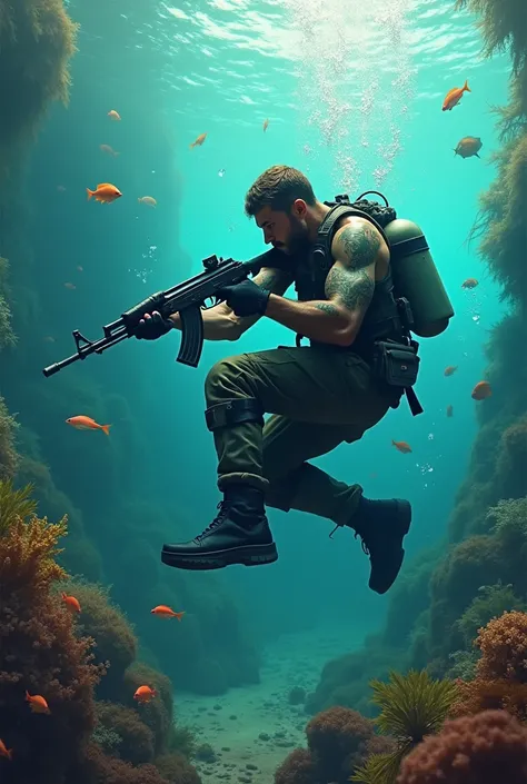 Person hunting fish underwater by Ak-47