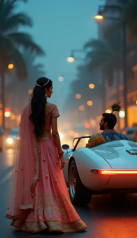 A cinematic scene of Radha walking elegantly along a modern road, wearing an intricately designed lehenga in soft pink and gold. Her graceful movements and romantic gaze are directed toward Krishna, who is behind her in a sleek, futuristic open car. Krishn...