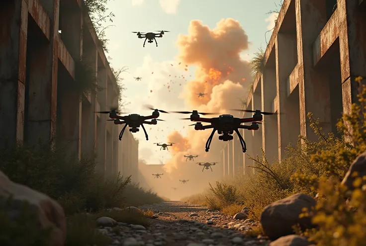 a thrilling race of quadcopters navigating through an abandoned industrial site, rusted metal structures and overgrown vegetation, aerial maneuvers through crumbling walls and shattered windows, with the dramatic backdrop of a missile assault erupting in e...