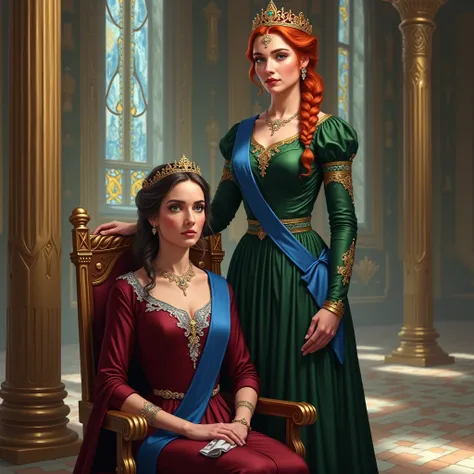 [In semi-realistic digital painting, 2D]
### **Formal Royal Portrait of Aurelian and Her Mother**  

**1. Setting and Background:**  
- The portrait is set in the grand hall of Esméa Citadel, with its shimmering crystalline walls and ornate golden pillars....