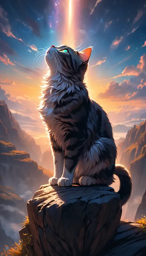 A cat looking up at the sky, dramatic composition, detailed fur texture, glowing eyes, elegant pose, photorealistic, highly detailed, intricate background, cinematic lighting, vibrant colors, ethereal atmosphere, breathtaking scenery, stunning depth of fie...