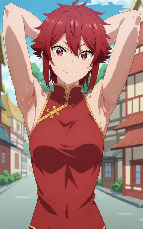 score_9, score_8_up, score_7_up, source_anime, anime screencap, 1girl, solo, tomo aizawa, red hair, short hair, red eyes, red chinese outfit, medium breast, bare shoulders, bare arms, arms behind head, armpits, head towards viewer, smile, closed mouth, bad...