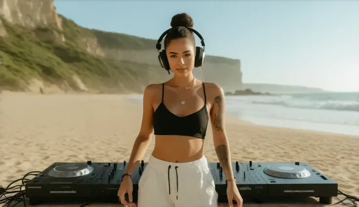 A lively summer scene on a sunlit beach with golden sand, calm waves, and towering cliffs in the background. A fashionable female DJ stands in front of her DJ setup, dressed in a black, a bright white sleeveless crop top, and white pants. Her arm features ...