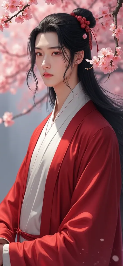 close-up a male protagonist from a classic Chinese historical novel, wearing a traditional and elegant Hanfu. He is dressed in a long robe with wide sleeves, made of fine silk in deep red and white tones. His shoulder-length black hair flows naturally, com...