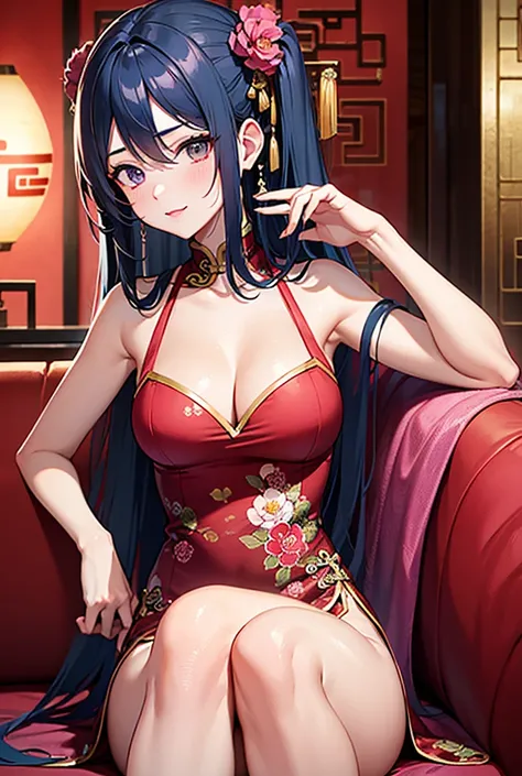 Create an anime cartoon image of a age girl, blue hair, one eye, pink, purple pink, red Chinese New Year's Eve, a backdrop in a house sitting on a sofa, facing back