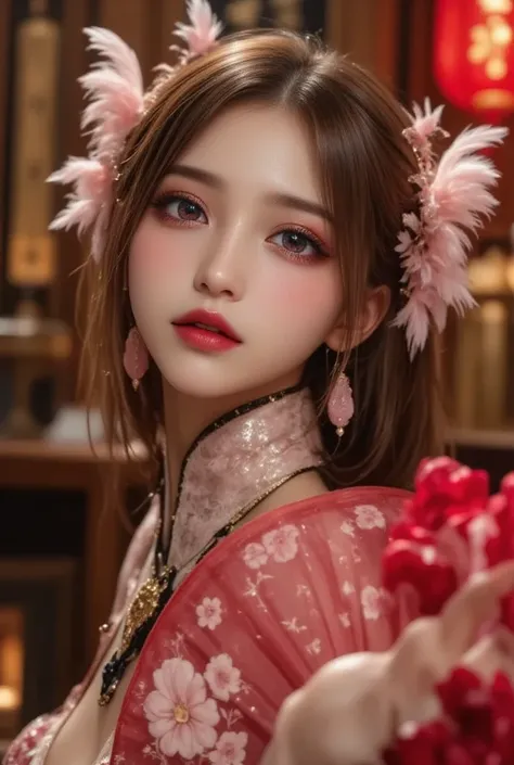 A close-up, head-and-shoulders portrait of a beautiful Korean idol with fine facial features and a ponytail, wearing a pink-black-gold short cheongsam adorned with intricate gold or silver floral embroidery. She stands gracefully in a warmly lit room featu...