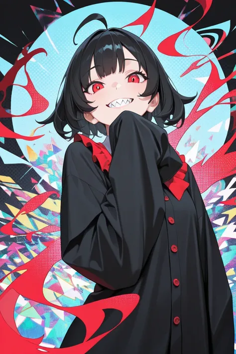 intricate details,masterpiece, very aesthetic, absurdres, abstract shapes,halftone, sharp teeth, 1girl, teeth, solo, smile, sleeves past fingers, red eyes, sleeves past wrists, looking at viewer, black hair, grin, ahoge, bow,