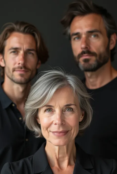 two men and a woman in the center.  the young, long-haired man on the left and the man on the right, middle aged and with pronounced entries .  the woman in her 50s with short hair and eyes fixed in the foreground 