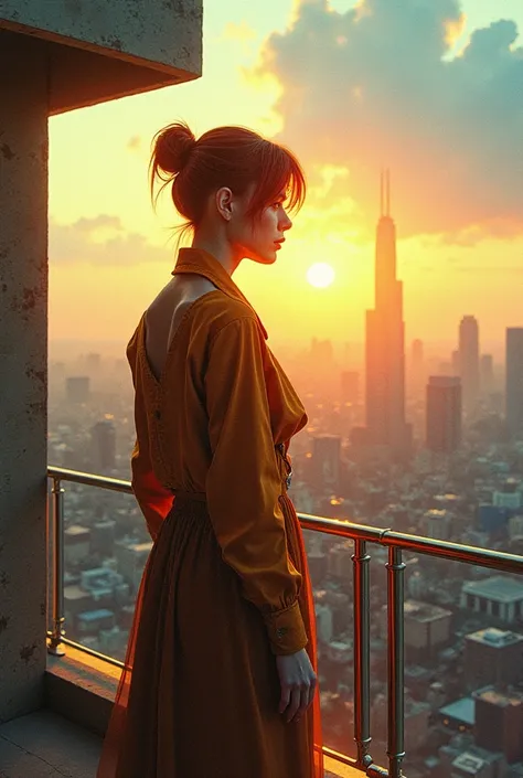 abstract color, Texture,  fine grain film ,  Skin pores :0. 1 A complex and exciting painting of a beautiful science fiction writer standing on a balcony overlooking the landscape of the future. ( Solar Punk )1.2 city, Morning, bright sky, Beautiful movie ...