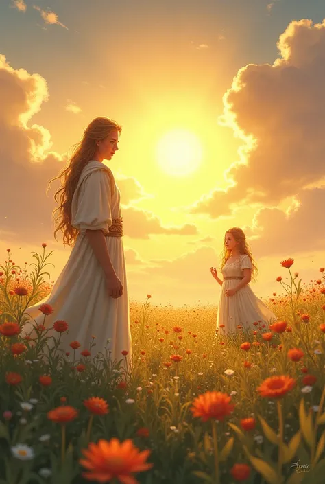   Truth seeing Lilia after her rebirth

Description: Truth,  reborn as the god of destiny ,  is standing on a meadow full of flowers , He hides while he sees Lilia in the distance, Lilia, As beautiful as ever, is picking flowers , And he has not noticed th...