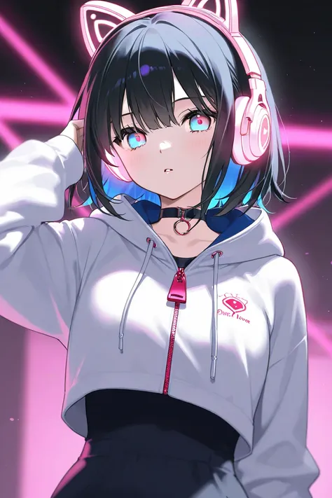 girl with glowing headphones、 pink eyes、 light blue eyes 、 black hair、Inner color red、 hoodie、zipper、dance