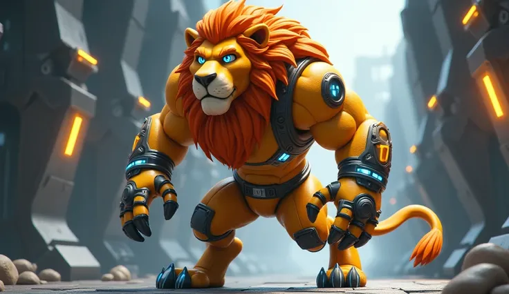 A 3D image of a cartoon powerful male lion (a sleek golden coat, wearing protective safety gear. His limbs have a metallic sheen, and glowing blue cybernetic claws enhance his strength. His sharp eyes radiate intelligence as he stands poised and ready, exu...