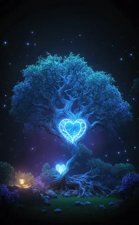  has a tree with a heart-shaped lamp in the middle, Magic tree, Magic Tree, Fantasy tree, Fantasy style 8k octagonal rendering , fantasy magic vegetation ,  Elves and Firefly Will , Cosmic Tree of life, the Tree of Life,  Unreal Engine Fantasy Art , Tree o...