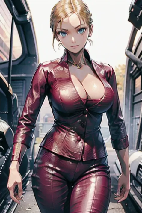  terminator、T-X、chignon flowing sideways,  machine arm 、 are expressionless, Empty look, Blonde,   blue eyes,   big breasts,  contemptuous eyes ,  Yandere ,   anime style,  Japanese illustration style,  Unreal Engine,  tilt my neck、Metal with sharp fingert...