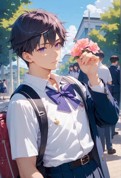    asian appearance, anime boy wearing Gakuran Japanese school uniform,  high school  ,    black short hair , purple eyes, (   beautiful eyes  ), ((    in high quality )), ((    masterpiece ))