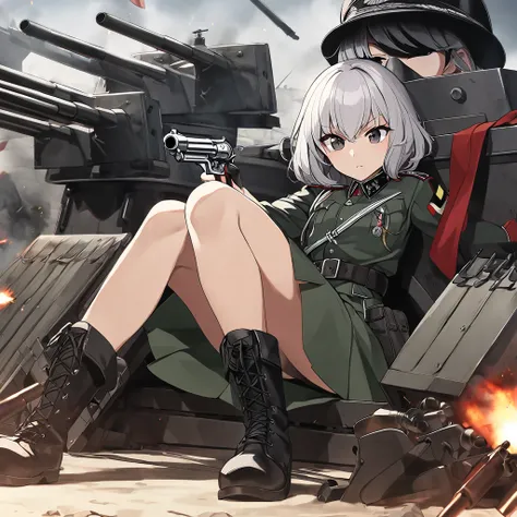 Girl, tall, flat chest, short wavy hair, silver hair, light skin, dark eyes, black military tunic with red patches, black peaked cap with a red band, holding a silver revolver, dark green skirt, black marching boots, waist belt, German, Wehrmacht, grey tan...