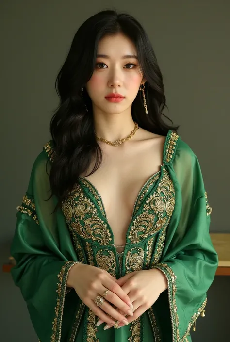 Photorealistic Production, (One Person), (Realistic Image of a 25 Years Korean Female Model), (Shoulder-level Wavy Black Hair:1.6), (Athletic Body Builds:1.4), (Pale Skin:1.4), (Wearing a Green Ornated Kebaya Dress with Silk Cloth and Golden Jeweleries:1.6...