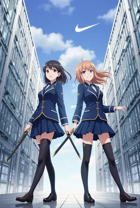 Couple of anime girls in uniform with swords ,  teeth、 Kose Kanaoka in a city with glass facades and large Nike logos , Trending on Pixiv, それteeth何ですか？,  blue uniform, Danganronpa's Chiaki Nanami ,  beatrice blue, Persona 4,  female protagonist taking up a...