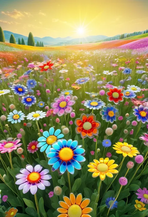 Sunny day photo, landscape with only flowers blooming, flower field, no people around, no animals, vibrant like innocence, art style, cartoon, artistic, pastel color palette, windblown flowers, brightness, amazing photo, soft light, bright background, real...