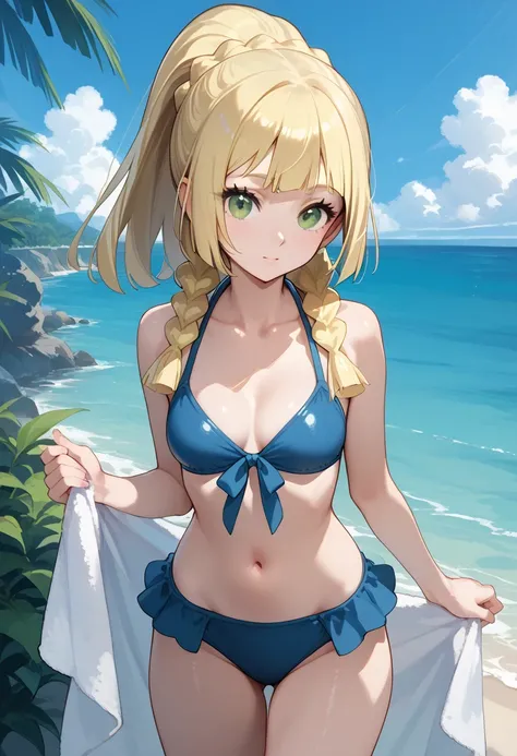 score_9, score_8_up, score_7_up, source_anime, lillie , long hair/ponytail, blonde hair, green eyes, braid,twin braids, blunt bangs, swimsuit, bikini, navel, collarbone, blue bikini, cleavage, holding, towel

