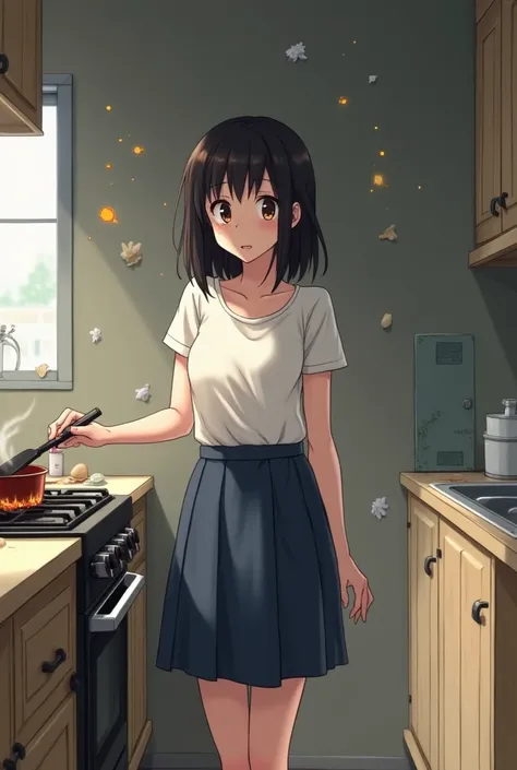 age Asian girl with shoulder-length black hair. Wearing a plain white t-shirt and a navy blue knee-length skirt. In a messy kitchen. She has just burnt some food on the stovetop, and is holding a cooking utensil. Her expression is shocked and confused. The...