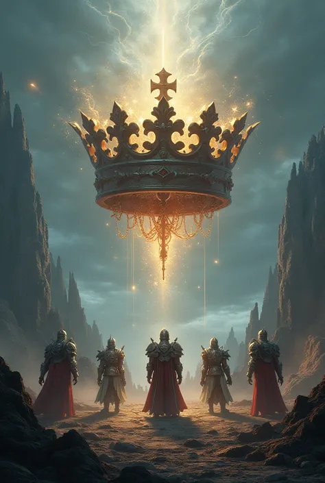 Make a picture of a floating crown. There are 5 knights and there are demon knights, but they don't wear wings