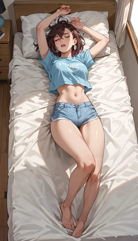 Rating_9, Rating_8_up, Rating_7_up, Rating_6_up, Rating_5_up, Rating_4_up, Rape, Momose Momo, 18 years old, young brunette with short hair, WITH LOTS OF CURVES, very attractive, shorts, crop top, lying on bed in her room, sleeping, very sexy, buttocks, lou...