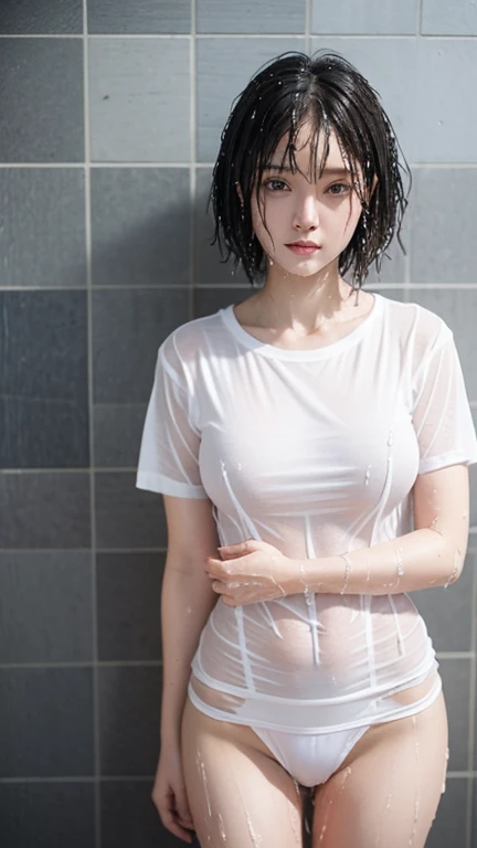 zydG, 1 cutest woman, skin details, brown eyes, (short hair with bangs: 1.2), (large: 1.5)), (medium areola: 0.8), cute woman who emphasizes the whole body, Slender Abs: 1.3, (wet thin white long t-shirt: 1.5), ((no panties)), (Well good), bathroom, shower...