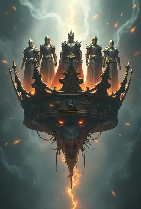 Make a picture of a floating crown in which there are 5 knights and 1 demon wearing a harness but not wearing wings