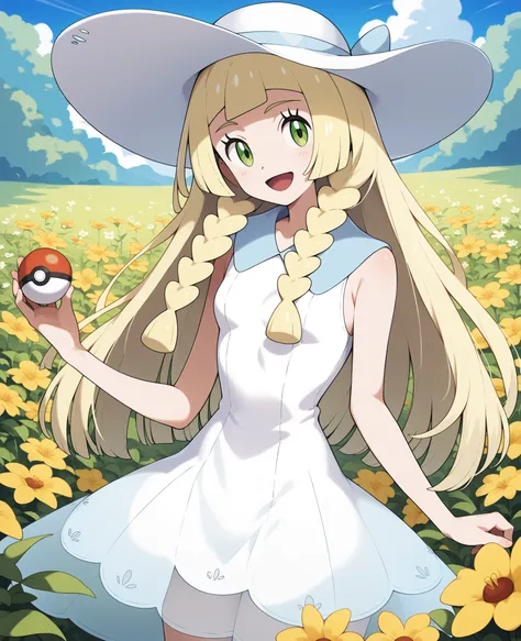 score_9, score_8_up, score_7_up, score_6_up, score_5_up, score_4_up, source_anime, aalillie, long hair, blonde hair, twin braids, sun hat, white headwear, green eyes, small breasts, collared dress, white dress, sleeveless, see-through, standing, cowboy sho...