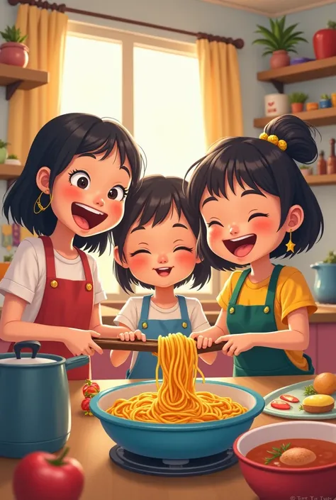 cartoon three girls cooking noodles in the kitchen while one of them takes a video