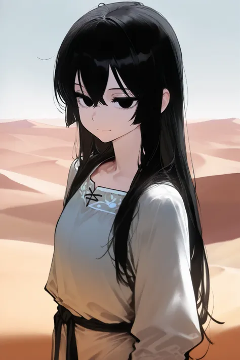 best quality, masterpiece,highest resolution,desert background, 1girl, black hair, long hair, black eyes, small smile,Linen tunic,expressionless