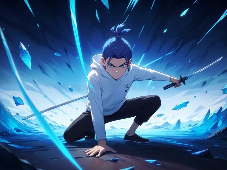 (A stylized anime character in a dramatic pose, inspired by Scissor Seven. Seven, the protagonist, crouches on a reflective icy surface, gripping a glowing katana with intense focus. The background is a shattered, ethereal blue environment with floating sh...