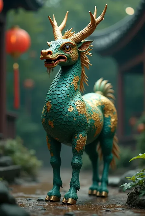 wise Chinese qilin, it has 6 large branched horns,  green-blue scaly skin with gold splashes, that shines, the horse's body ,  Dragon Head . he's standing in a Chinese garden at night, and there's a sacred glow around it